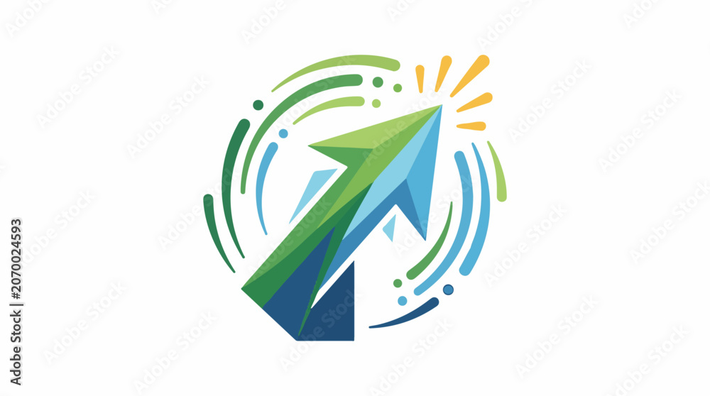 Fototapeta premium A colorful stylized arrow graphic with curved lines and dots on a white background