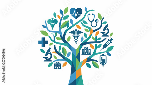 A colorful tree with medical symbols and green leaves on white background