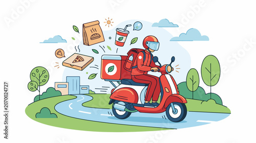 A delivery person rides a red scooter through a suburban landscape