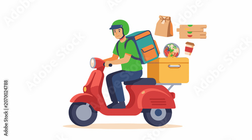 A delivery person rides a red scooter with food