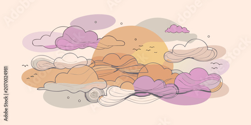 Abstract minimalist sunset illustration with stylized clouds and sun abstract minimalist illustration stylized landscape backdrop creative decorative wallpaper composition aesthetic