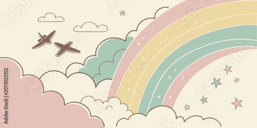 Vintage style illustration of a rainbow with airplanes and stars airplane childhood illustration aviation colorful aesthetic whimsical adventure background ornament creative decorative