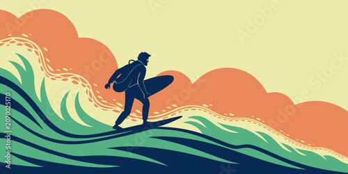 Silhouette of a surfer riding a large stylized ocean wave with surfboard silhouette adventure lifestyle vacation illustration movement swelling tropical recreation coastline powerful