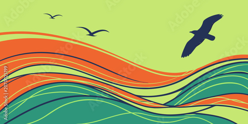 Seagulls flying over abstract stylized ocean waves with illustration abstract wildlife seascape environment minimalist aesthetic decorative backdrop background birdlife