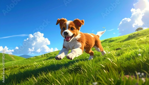 Cute Happy Puppy Running in Green Grass Meadow Under Blue Sky