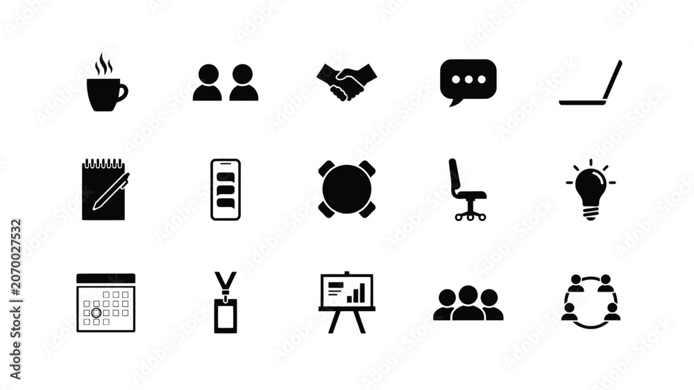 Fototapeta premium Business icons for office work, communication and planning, including meeting and technology items.