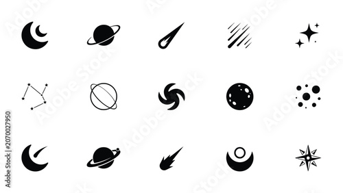 Set of fifteen space and celestial theme icons displaying planets moons and star patterns.