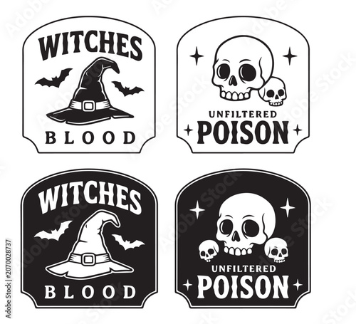 Dark vector badge set for Halloween and gothic designs, featuring witch hats, flying bats, skulls, 'Witches Blood' and 'Unfiltered Poison' text