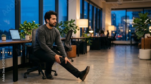 Latino man stretching legs at desk in modern office during blue hour