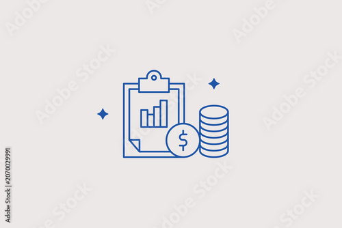 Financial clipboard report next to coin stack line icon for accounting firm, bookkeeping office, audit app. Reliable vector illustration for business commerce.