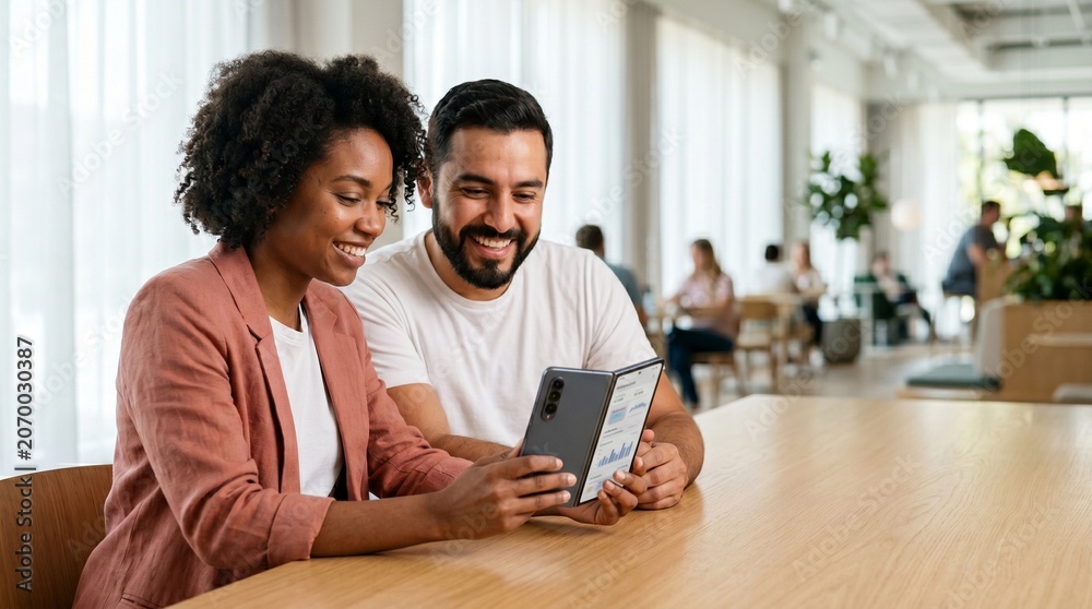 Fototapeta premium Diverse startup co-founders woman and man smiling at folding smartphone in modern office