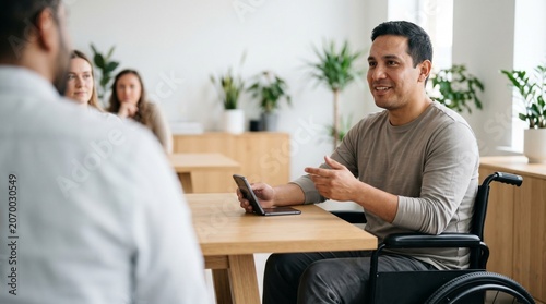 Latino creative director in wheelchair discussing project milestones with colleagues at modern office table.