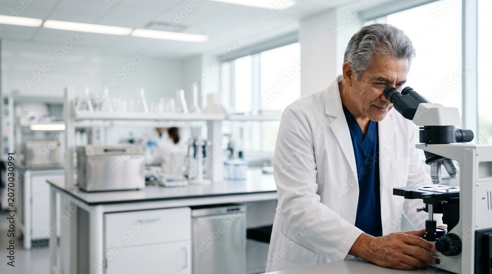 Fototapeta premium Senior Hispanic scientist using a microscope in a modern research laboratory.