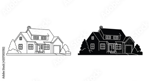 Two house outlines one black and white line drawing and one solid black silhouette