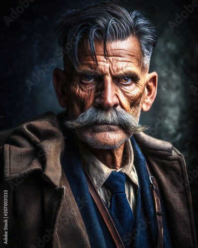 Portrait shot of old gentleman with mustache in 19th century style outfit. Ai Generative