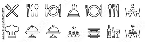 Vászonkép Catering thin line icon set, restaurant tableware symbols including fork spoon knife plate cloche chef hat and drinks icons, clean minimal outline food service vector illustration eps 10
