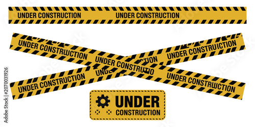 Foto Under construction tape, yellow warning barrier signs, security attention labels, work zone caution banners, vector illustration