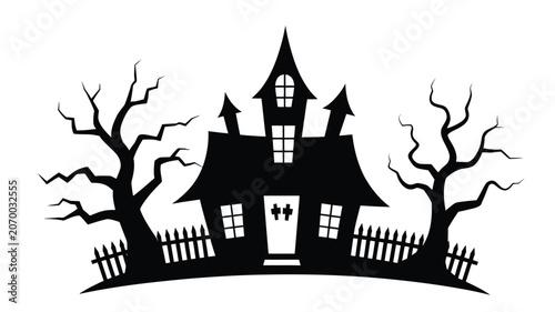Bild auf Leinwand Spooky Halloween haunted house silhouette vector illustration with creepy bare trees and wooden fence isolated on a white background