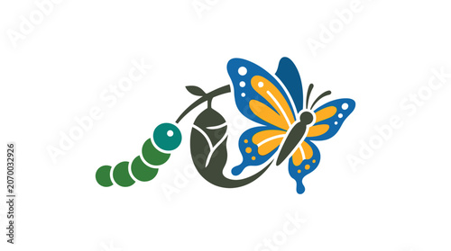 A colorful illustration showing the life cycle of a butterfly transformation