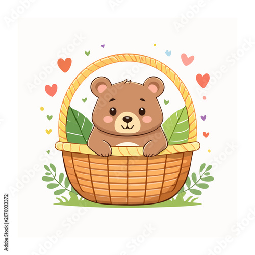 Cute Brown Bear Cub in Basket with Hearts and Leaves