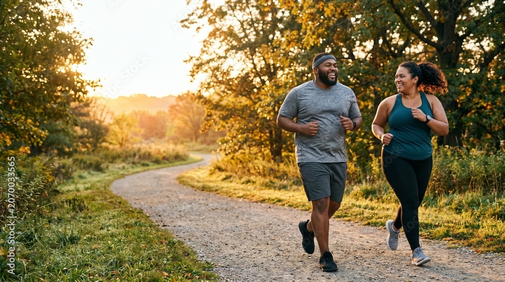 Obraz premium Happy plus-size couple jogging on rural trail during morning workout session.