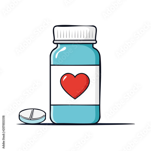 Flat illustration of medicine bottle with heart and pill