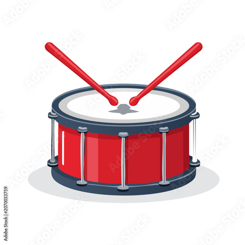 Red snare drum with drumsticks flat vector illustration