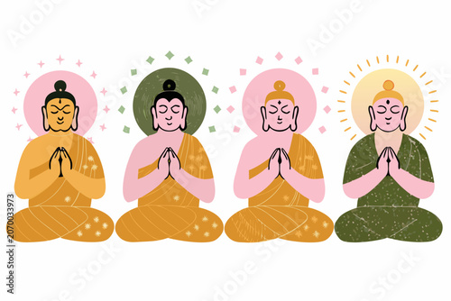Foto Four meditating figures vector illustration with colorful halos and white backgr