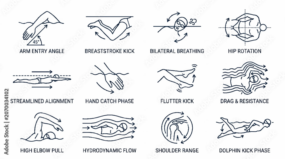 Fototapeta premium Swimming Technique Diagrams Showing Proper Form Stroke Mechanics and Hydrodynamic Body Alignment.