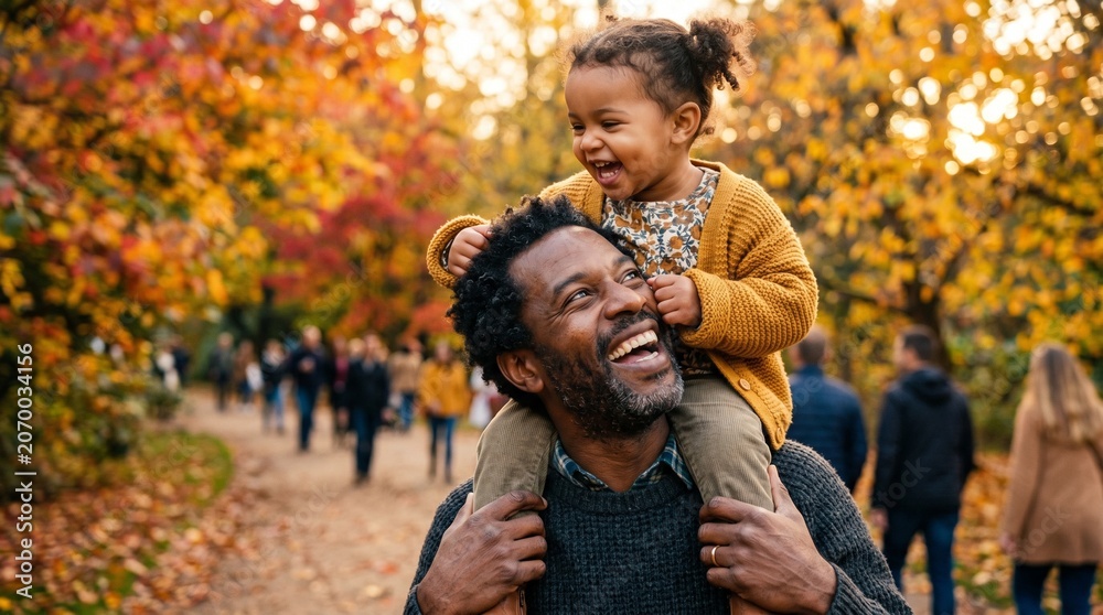 Fototapeta premium Happy African American father carrying laughing daughter on shoulders in autumn park.