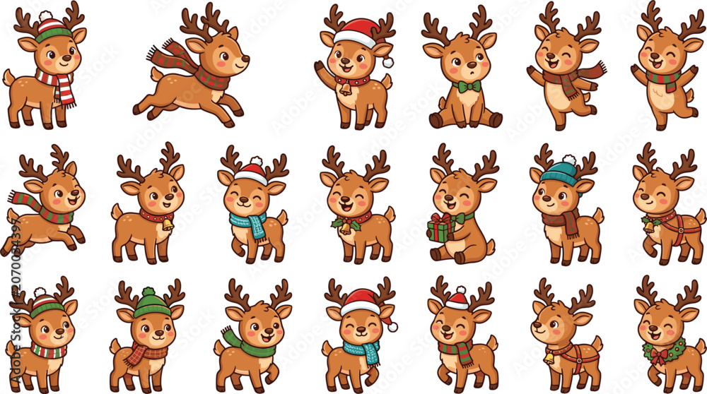 Fototapeta premium Cute Full Body Christmas Reindeer Cartoon Character Set with Winter Scarves Santa Hats and Festive Poses for Holiday Greeting Card Vector Designs