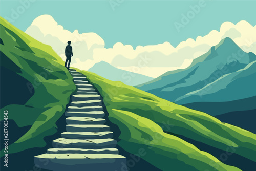 Stone stairway ascending green mountain slope with silhouette of hiker looking at peaks.