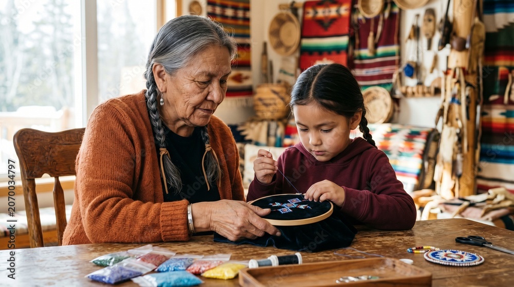 Fototapeta premium Elderly Native American grandmother teaching granddaughter traditional beadwork at wooden table.