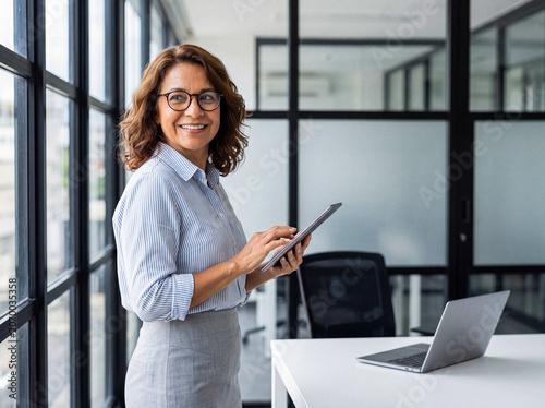 Quadro su tela Side view of a confident mature businesswoman with glasses, smiling and using a digital tablet in a modern office