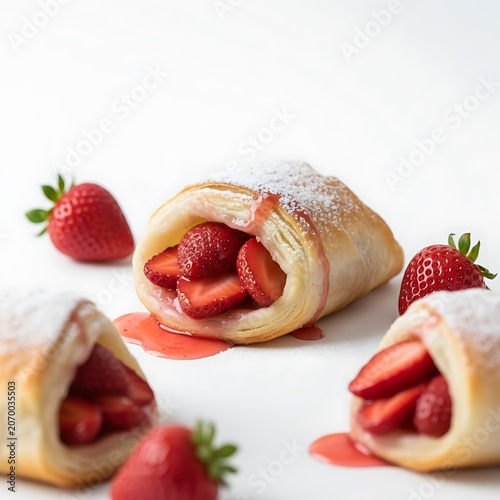 Fresh puff pastries filled with berries and served with strawberries, raspberries, blueberries and currants. Homemade sweet bakery products isolated on a light background.