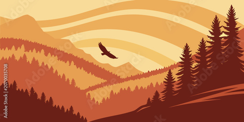 Majestic eagle flying over dense evergreen mountain forest landscape at sunset with mountain landscape wildlife evergreen wilderness silhouette environment adventure majestic predator