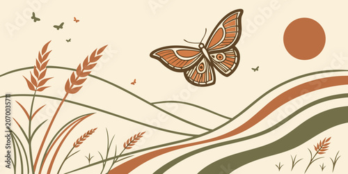Abstract boho meadow scene with flying butterfly and wheat fields butterfly landscape aesthetic abstract illustration minimalist botanical background peaceful countryside tranquil stylized