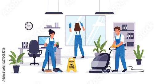 Bild auf Leinwand Professional cleaning service team working in modern office space using vacuum cleaner and window washing tools while wearing blue uniforms and gloves set