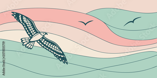 Graphic illustration of a seagull flying over stylized ocean waves with a sunset color palette minimalist wildlife abstract illustration seascape peaceful environment movement landscape