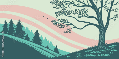 Landscape illustration of a large deciduous tree standing on a grassy hill overlooking a pine forest at sunset with landscape outdoors illustration botanical woodland environmental minimalist