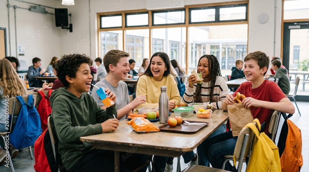 Obraz premium Diverse teenage students sharing lunch and laughing together in school cafeteria.