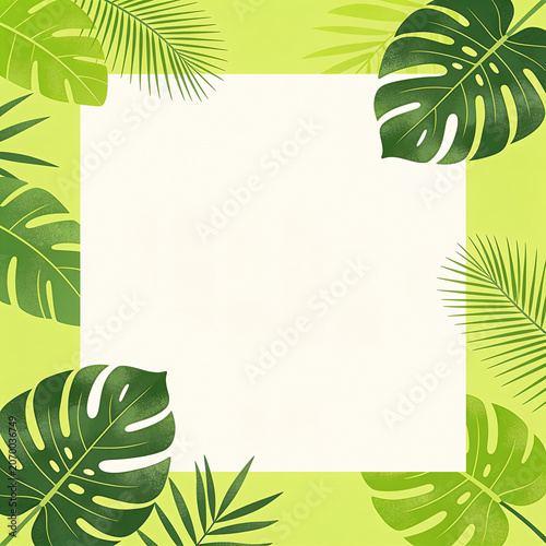 Vibrant watercolor tropical frame with green monstera and palm leaves on a lime green background