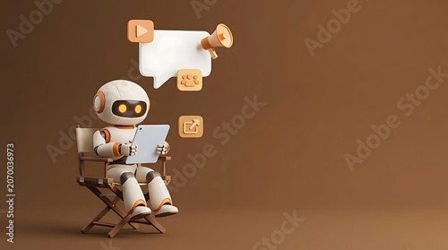 Friendly robot assistant using a tablet, surrounded by social media icons and a speech bubble, symbolizing digital communication and online engagement.