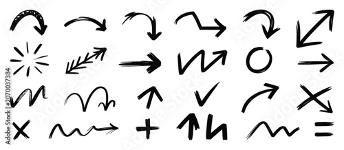 Photos Black doodle arrow vector collection, sketch curved arrows, hand drawn direction signs, loop symbols and ink marker pointer elements, annotation and highlight design assets eps 10