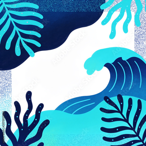 Modern abstract ocean wave and seaweed border with grainy texture surrounding an empty copy space