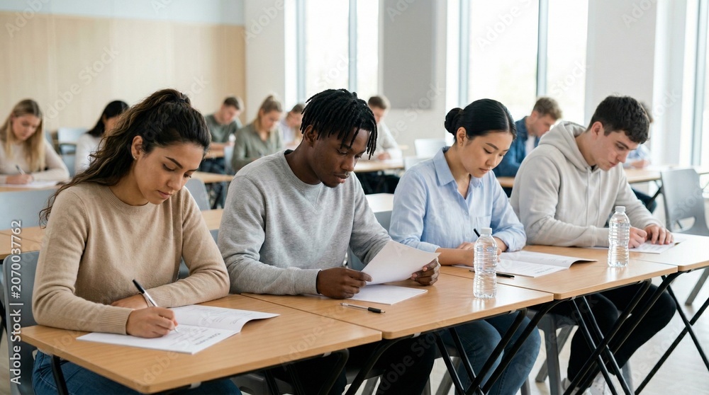 Fototapeta premium Diverse students taking exam with teacher in modern classroom.