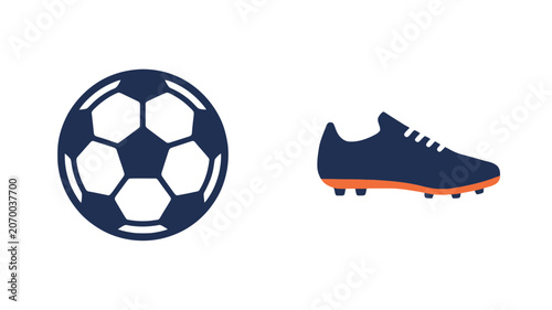 Dark blue soccer ball and athletic cleat shoe vector illustration isolated on white background for sports gear