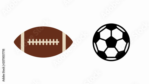 Flat vector illustration of an American football and a soccer ball isolated on white background for sports themes