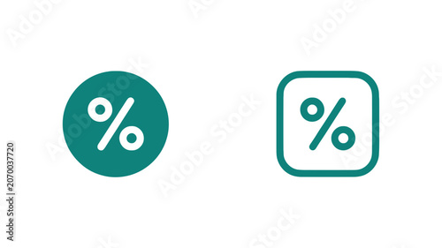 Financial percentage symbols in teal circular and rounded square frames for discount and sales