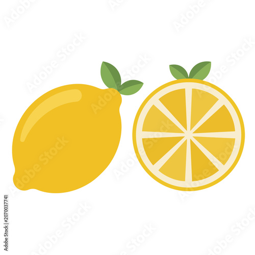 Fresh yellow citrus lemon fruit and sliced half with green leaves in a clean flat vector illustration style